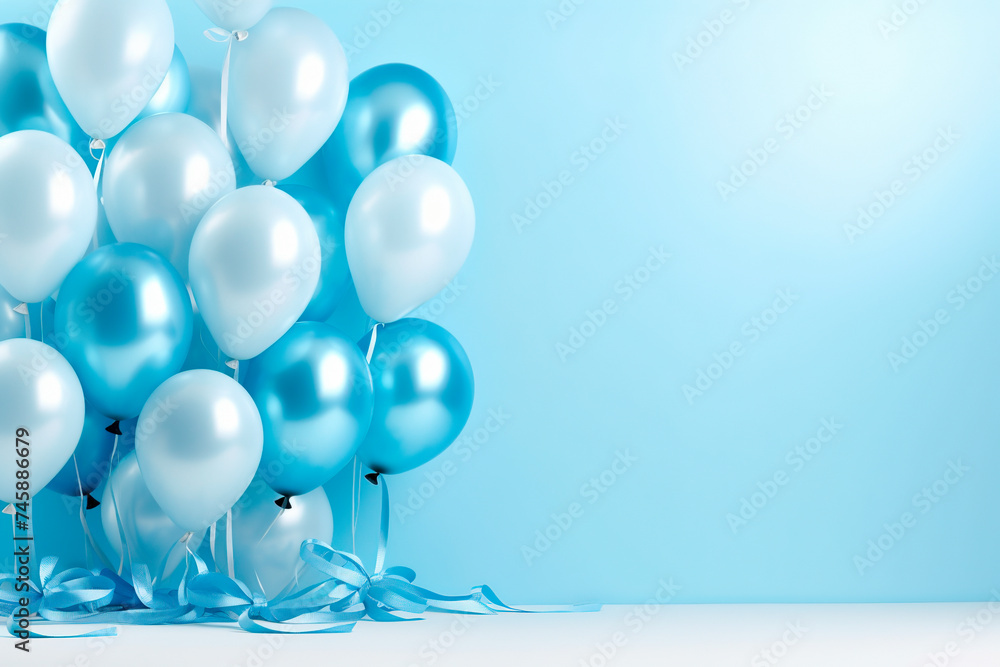 Poster background with blue, silver white balloons with copy space