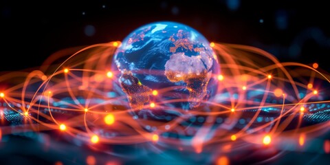 Obraz premium Digital representation of planet Earth surrounded by dynamic connections and glowing nodes illustrating global communication in a networked world