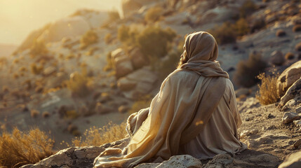 In the solitude of the wilderness, Jesus seeks refuge in prayer, his soul communing with God amidst the rugged terrain, finding strength and renewal in the divine presence that sur - obrazy, fototapety, plakaty