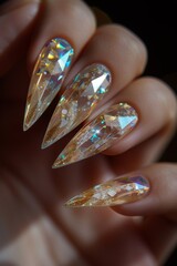 manicure, nail art in diamond style, with drawings, oval, sharp nail shape