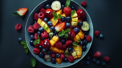 Fresh fruit salad in the bowl. Healthy food. Diet. Low calorie. 
