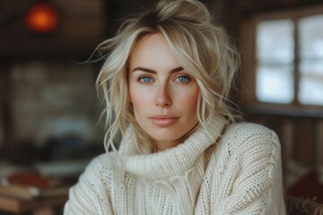 Obraz premium portrait of a middle-aged blonde woman in a white sweater in her Scandinavian-style home decor 