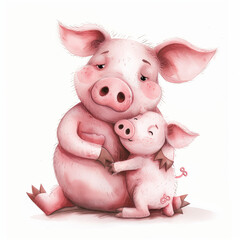 Watercolor cartoon illustration of a cute pig and her baby, isolated on a white background