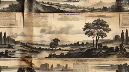 Old newspaper roll with landscape scene. Generative AI.