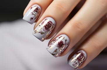 Luxury manicure  with drawing flowers. Closeup Woman hand with beautiful nail design. Female hand with stylish, creative and modern manicure. Women fingers with fashion manicure.
