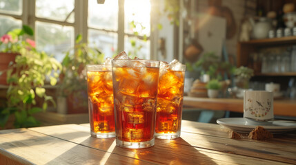  three glasses of Iced Tea served in tall glasses with ice cubes inside, presented on a table in a cafe