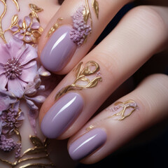Closeup Woman hand with beautiful nail design. Female hand with stylish, creative and modern manicure. Women fingers with fashion manicure. Luxury manicure. Purple, lilac, lavender color nails.