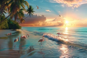 Idyllic view of flamingos on a beach at sunset with palm trees and sea
