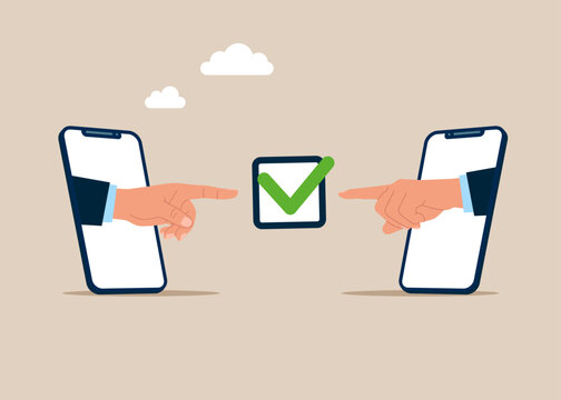 Two human hands and completed checkmark after finish responsible project. Achievement checkbox. Flat vector illustration