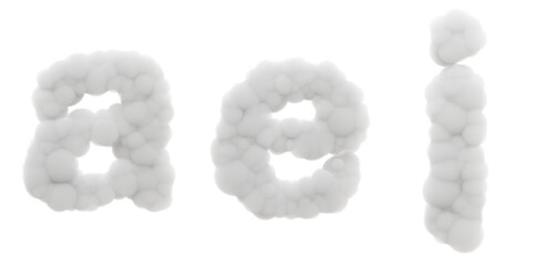 Vowel Symphony: Imagine a playful dance of lowercase letters A, E, and I, rendered in fluffy cotton clouds. Each letter takes shape like a soft puff, drifting across a vibrant sky