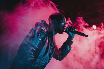 Energetic young black male artist performing passionately on stage amidst vibrant lights and smoke