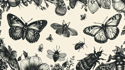 Insects and bugs including butterflies, ladybugs, and bees illustrated in a detailed and lifelike line art composition. - obrazy, fototapety, plakaty