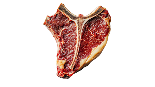 Raw T-Bone Steak Isolated on White Background, High-quality raw T-bone steak with excellent marbling and fat, displayed against a white backdrop.