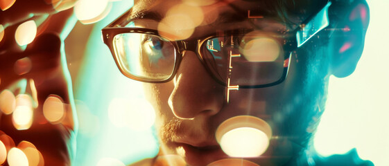 Ethereal portrait of a creative individual amongst a bokeh of swirling lights, embodying inspiration.