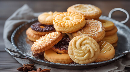 Obraz na płótnie Canvas Assorted cookies in a tray. Variety of freshly baked cookies artfully displayed in a metal tray