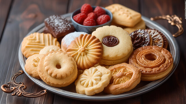 Assorted cookies in a tray. Variety of freshly baked cookies artfully displayed in a metal tray