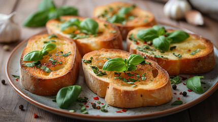 Artisan garlic bread toast with fresh basil leaves, garlic, and spices served on a plate. Gourmet toasted baguette slices with basil and spices - obrazy, fototapety, plakaty