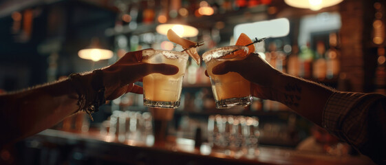 Toasting margarita glasses with a festive ambiance.