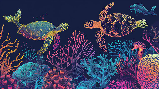 Marine life such as corals, seahorses, and sea turtles illustrated in a vibrant and colorful line art design.