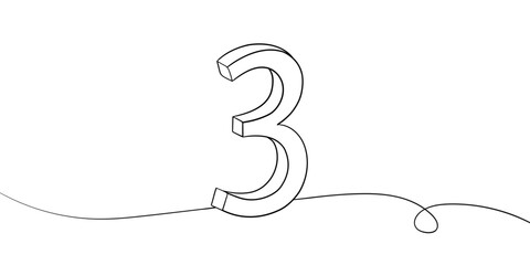 Number 3 line art drawing on white background. 3th birthday continuous drawing contour. Minimal vector illustration