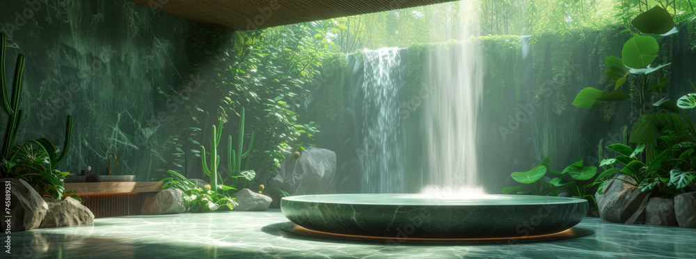 Poster serene indoor oasis with a waterfall cascading into a round pool surrounded by lush greenery and tra