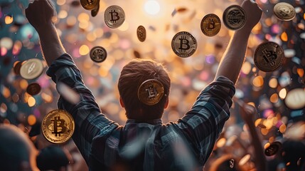 Man joyfully raises his hands as bitcoins shower down from above, symbolizing financial success and cryptocurrency prosperity