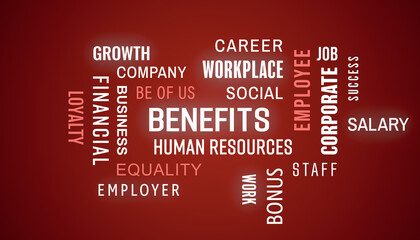Illustation of benefits keywords cloud with white and red text on dark background - business concept.