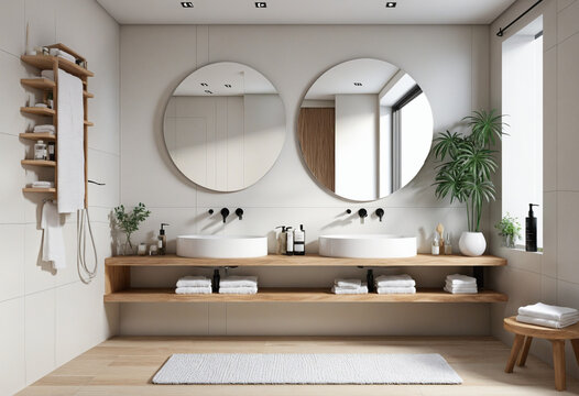 A modern white bathroom features a rendered circular mirror, accompanied by a washing stand and wooden shelves serving as a platform to showcase various products. These products can range from spa