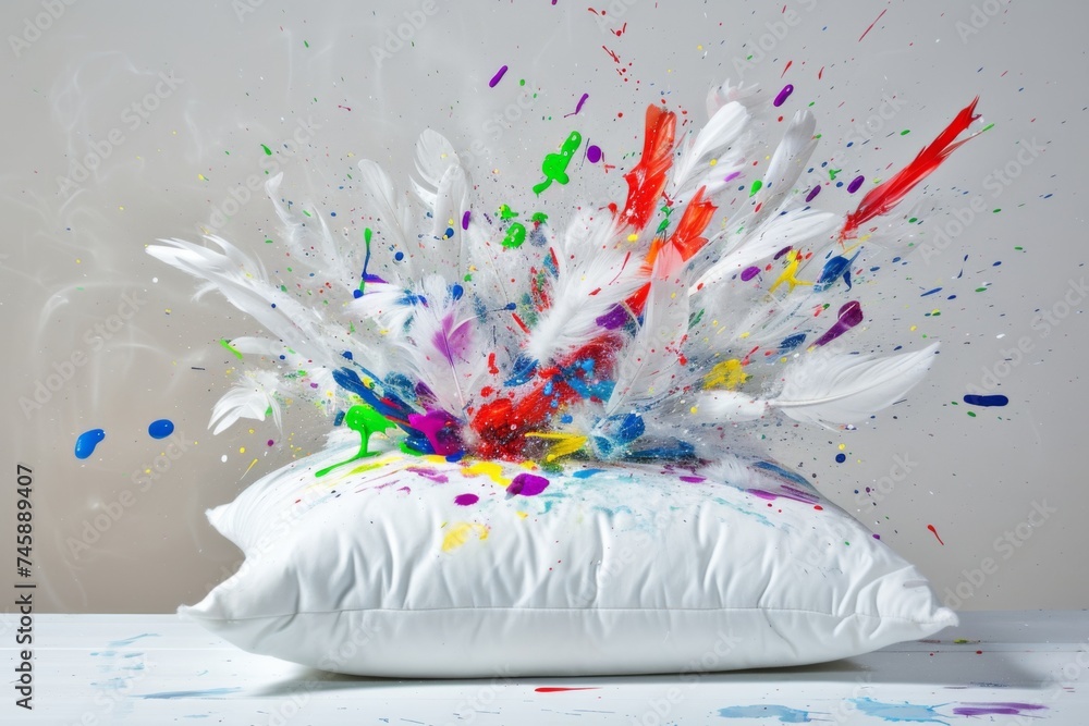 Poster vibrant colors explode from a pillow in a creative art display showcasing feathers and splashes of p