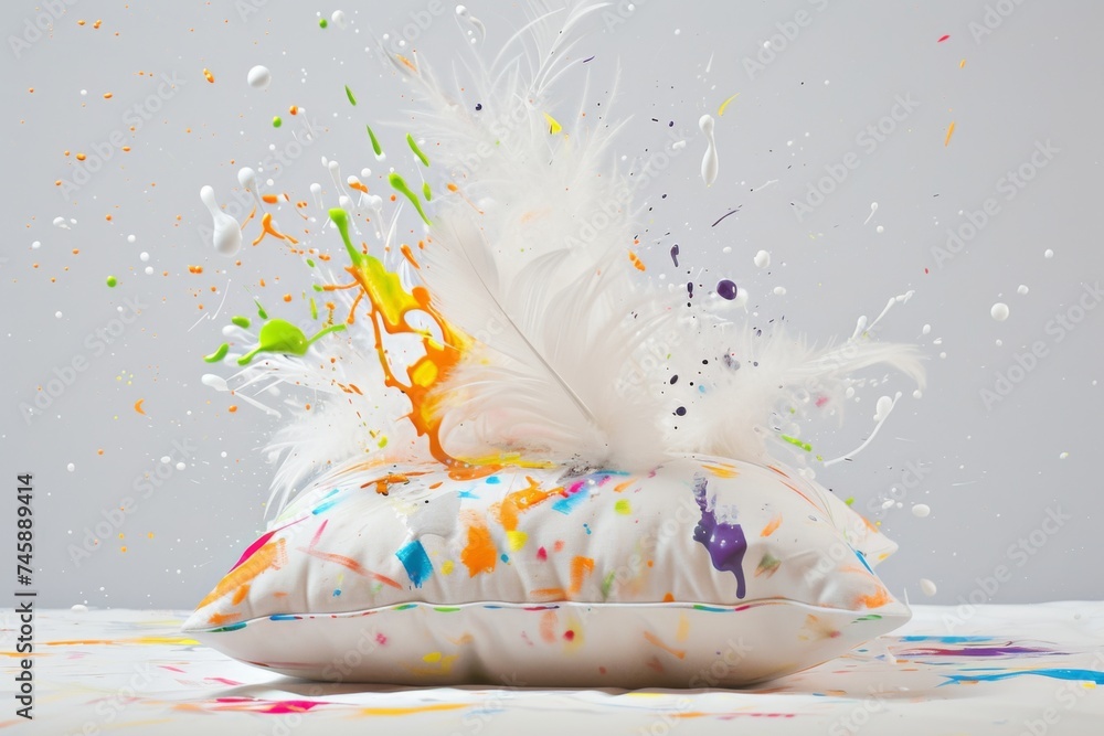 Poster creative explosion of colored paint and feathers from a soft pillow on a clean background during an 