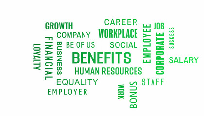 Illustation of benefits keywords cloud with green text on white background - business concept.