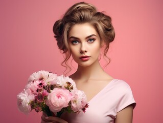 Young girl on pink background with bouquet of flowers, bride, bridesmaid