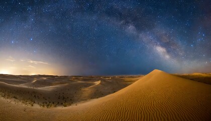 Vue panoramique du désert de sable sous ciel étoilé la nuit - obrazy, fototapety, plakaty