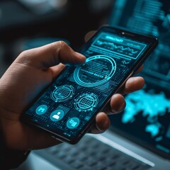 A hand is shown holding a smartphone that displays a high-tech interface, hinting at advanced communication and data analysis technologies
