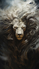 Albino lion emerging from fog or smoke.