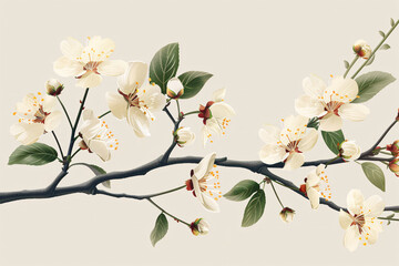 Blossoming almond branches on beige background
