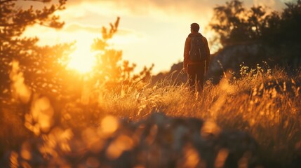Solo Hiker Enjoying a Sunset Hike Through Golden Fields in the Countryside