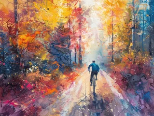 Abwaschbare Fototapete Bicycle Adventure Through a Colorful Forest. Explore Tranquil Beauty of Autumn. Ride Along Winding Paths and Sunlit Clearings, Surrounded by Vibrant Tree © Thares2020