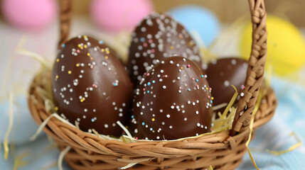 Fototapeta na wymiar Chocolate Easter eggs in a basket.