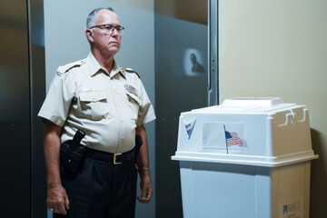 Security officer stands guard beside voting ballot box in a polling place during election hours in the community center