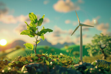 A wind turbine with white propellers stands tall in a green field, harnessing the wind's power for renewable energy - obrazy, fototapety, plakaty
