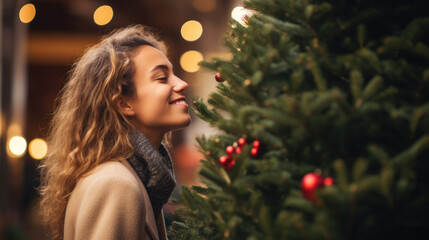 Happy beautiful young woman in holiday red dress decorating Christmas Tree with sparking balls and...