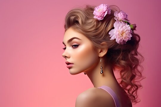 Check, hair styling of beautiful young woman on pink background with flowers.