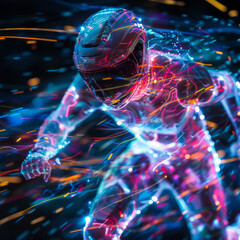 Digital art depicting a motorcycle racer enhanced with vibrant neon light trails and a futuristic helmet design