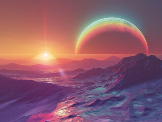 Digital art of a breathtaking neon sunset casting vibrant hues over a stark, extraterrestrial mountain landscape