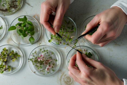 Hands carefully sorting and organizing various plant specimens in petri dishes while studying botanical characteristics indoors