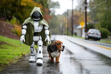 Robot wearing a raincoat walks a beagle dog on a rainy street in a suburban neighborhood during autumn