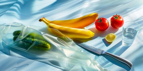 Banana and cucumber wrapped in plastic on a marble surface, symbolizing food safety and preservation concepts - obrazy, fototapety, plakaty