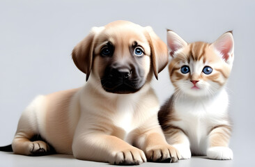 Red tabby kitten and an English mastiff puppy lie next to each other on a light background.