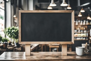 large blank blackboard menu on wooden counter inside a coffee shop or organice grocery store
